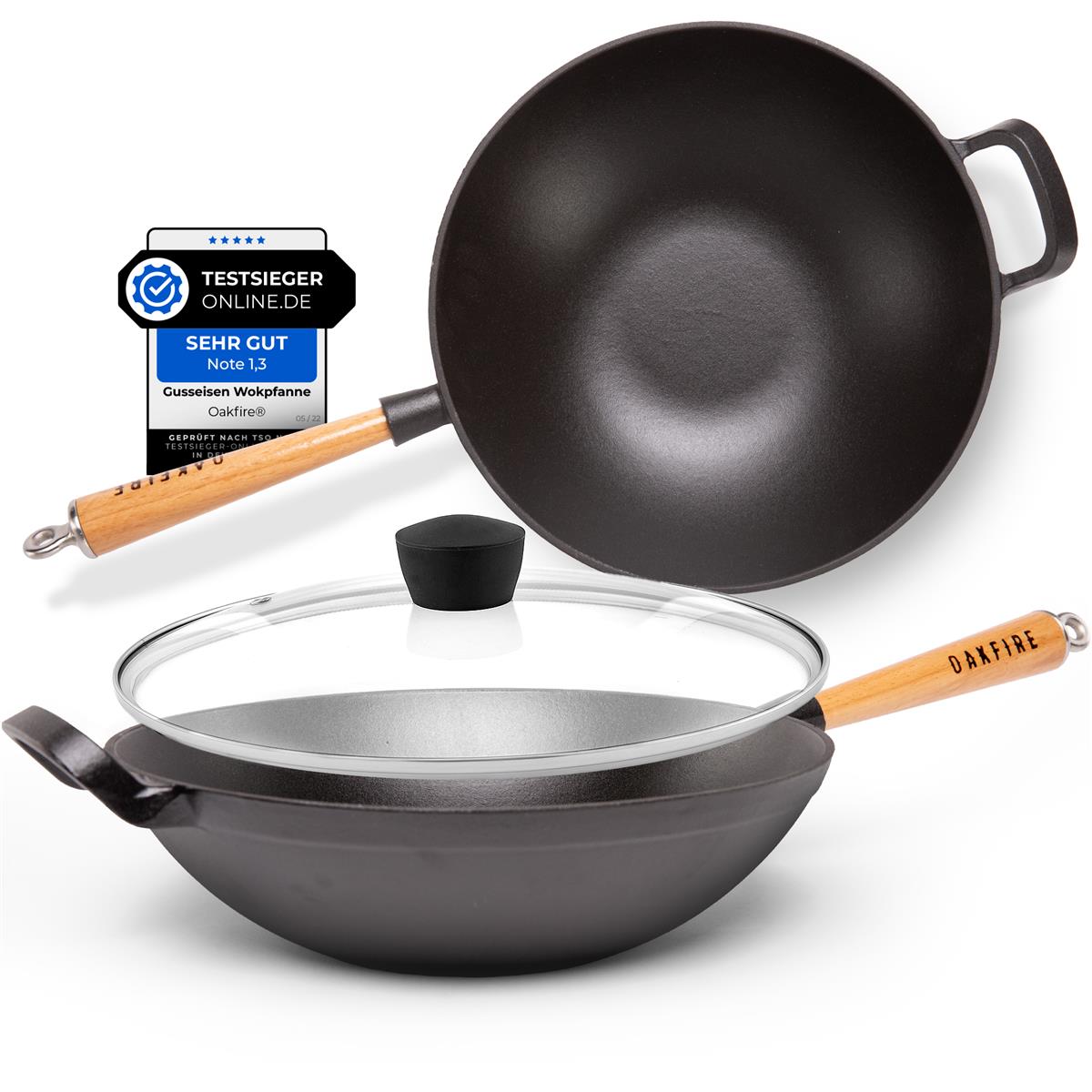 Oakfire Wokpfanne emailliert Gusseisen Induktion 31cm Groß Grill Wok Pfanne Holzgriff Cast Iron mit Non-Stick Patina, Emaille