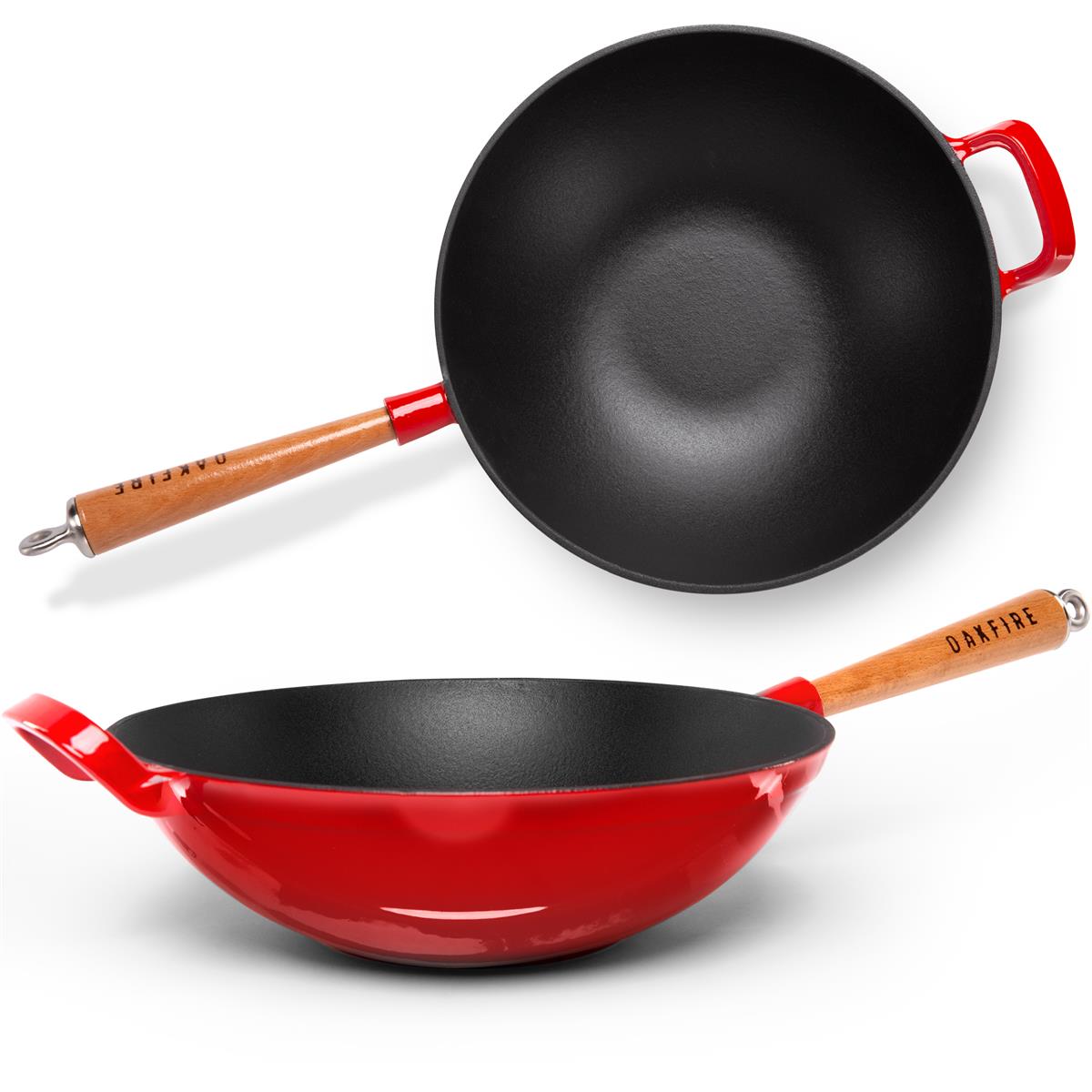 Oakfire Wokpfanne emailliert Gusseisen Induktion 31cm Groß Grill Wok Pfanne Holzgriff Cast Iron mit Non-Stick Patina, Emaille