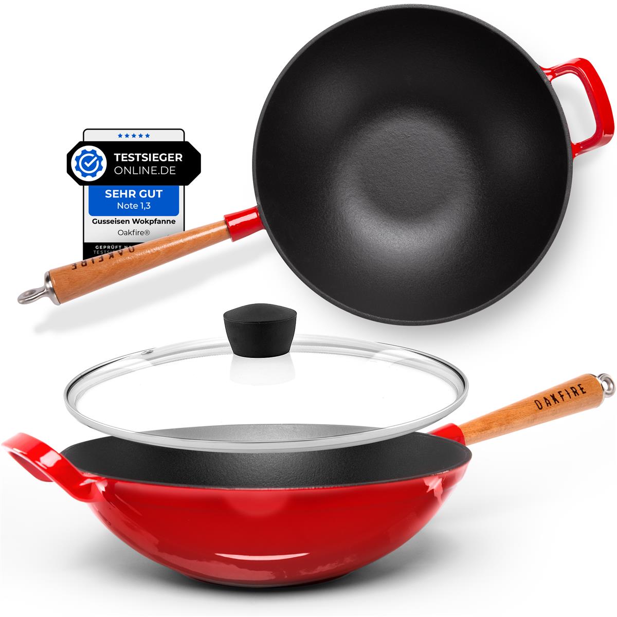Oakfire Wokpfanne emailliert Gusseisen Induktion 31cm Groß Grill Wok Pfanne Holzgriff Cast Iron mit Non-Stick Patina, Emaille