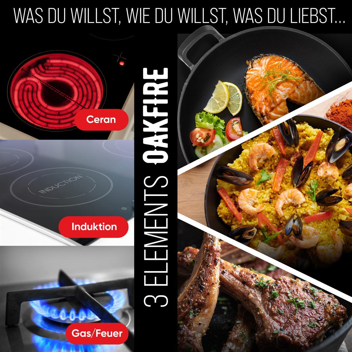 Oakfire Wokpfanne emailliert Gusseisen Induktion 31cm Groß Grill Wok Pfanne Holzgriff Cast Iron mit Non-Stick Patina, Emaille
