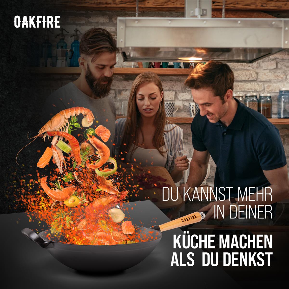 Oakfire Wokpfanne emailliert Gusseisen Induktion 31cm Groß Grill Wok Pfanne Holzgriff Cast Iron mit Non-Stick Patina, Emaille