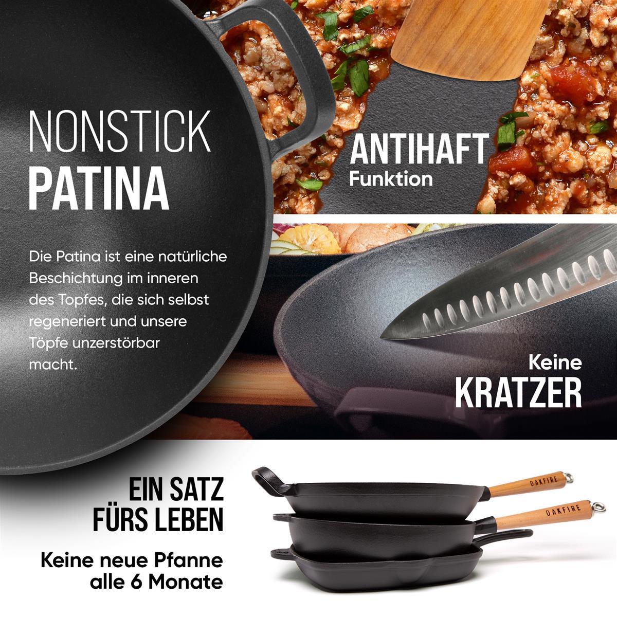 Oakfire Wokpfanne emailliert Gusseisen Induktion 31cm Groß Grill Wok Pfanne Holzgriff Cast Iron mit Non-Stick Patina, Emaille
