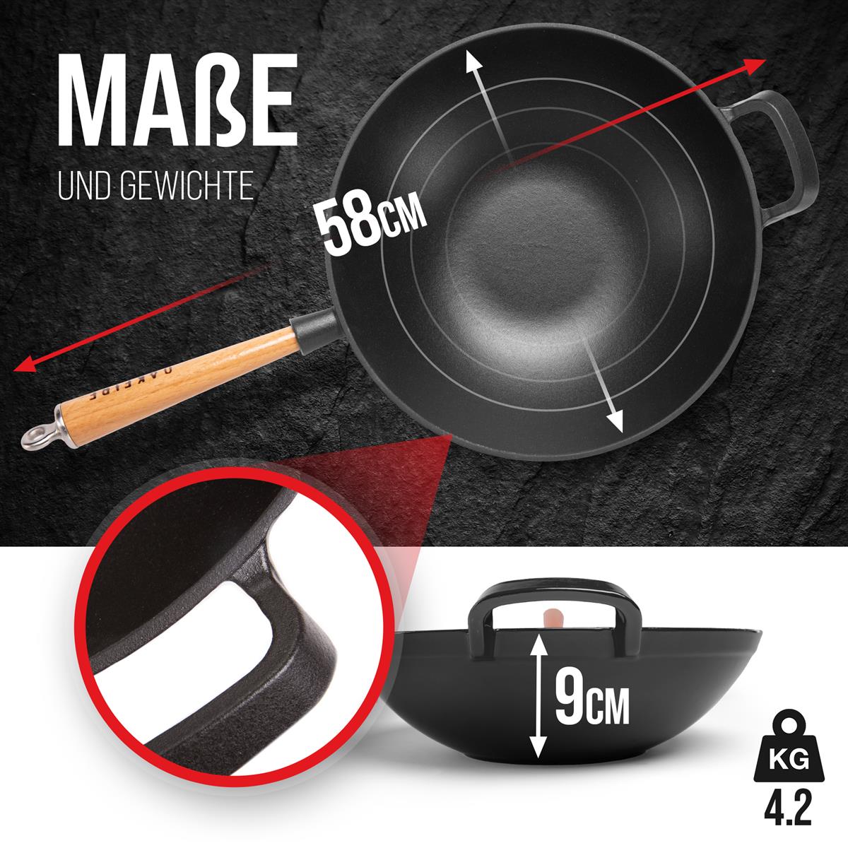 Oakfire Wokpfanne emailliert Gusseisen Induktion 31cm Groß Grill Wok Pfanne Holzgriff Cast Iron mit Non-Stick Patina, Emaille