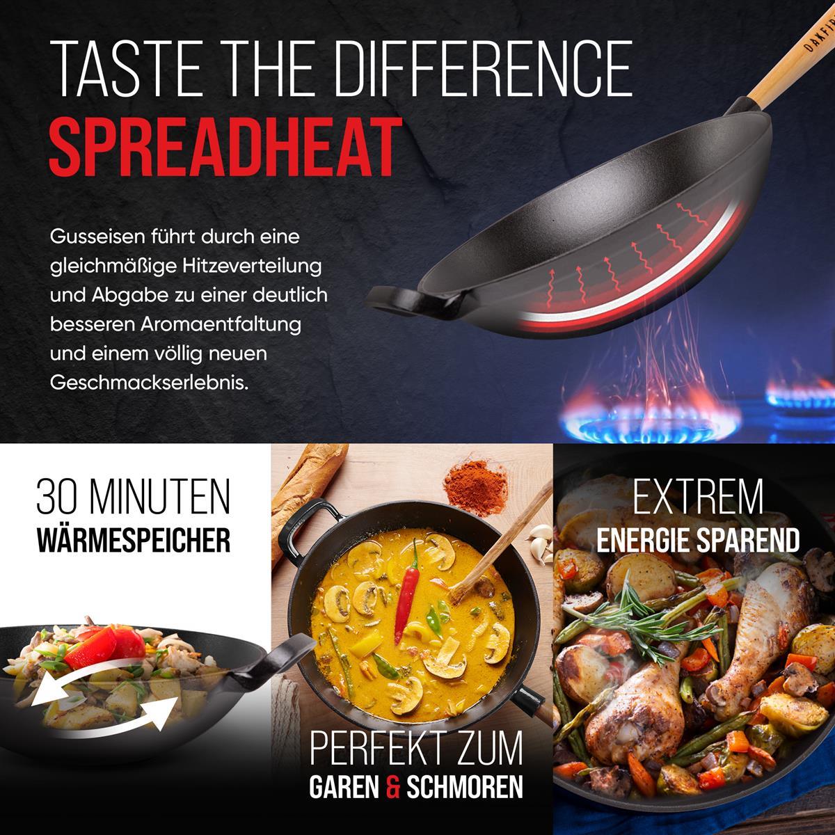 Oakfire Wokpfanne emailliert Gusseisen Induktion 31cm Groß Grill Wok Pfanne Holzgriff Cast Iron mit Non-Stick Patina, Emaille