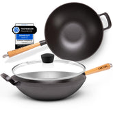 Oakfire Wokpfanne emailliert Gusseisen Induktion 31cm Groß Grill Wok Pfanne Holzgriff Cast Iron mit Non-Stick Patina, Emaille