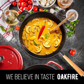 Oakfire Wokpfanne emailliert Gusseisen Induktion 31cm Groß Grill Wok Pfanne Holzgriff Cast Iron mit Non-Stick Patina, Emaille