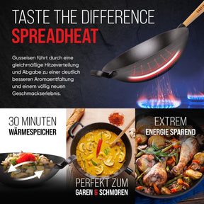 Oakfire Wokpfanne emailliert Gusseisen Induktion 31cm Groß Grill Wok Pfanne Holzgriff Cast Iron mit Non-Stick Patina, Emaille